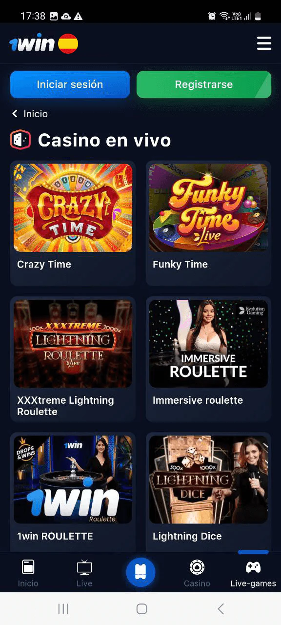 1win captura de pantalla de la página "Casino en vivo"