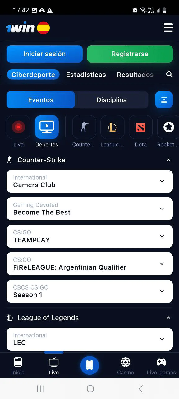 1win captura de pantalla de la página "Ciberdeporte"