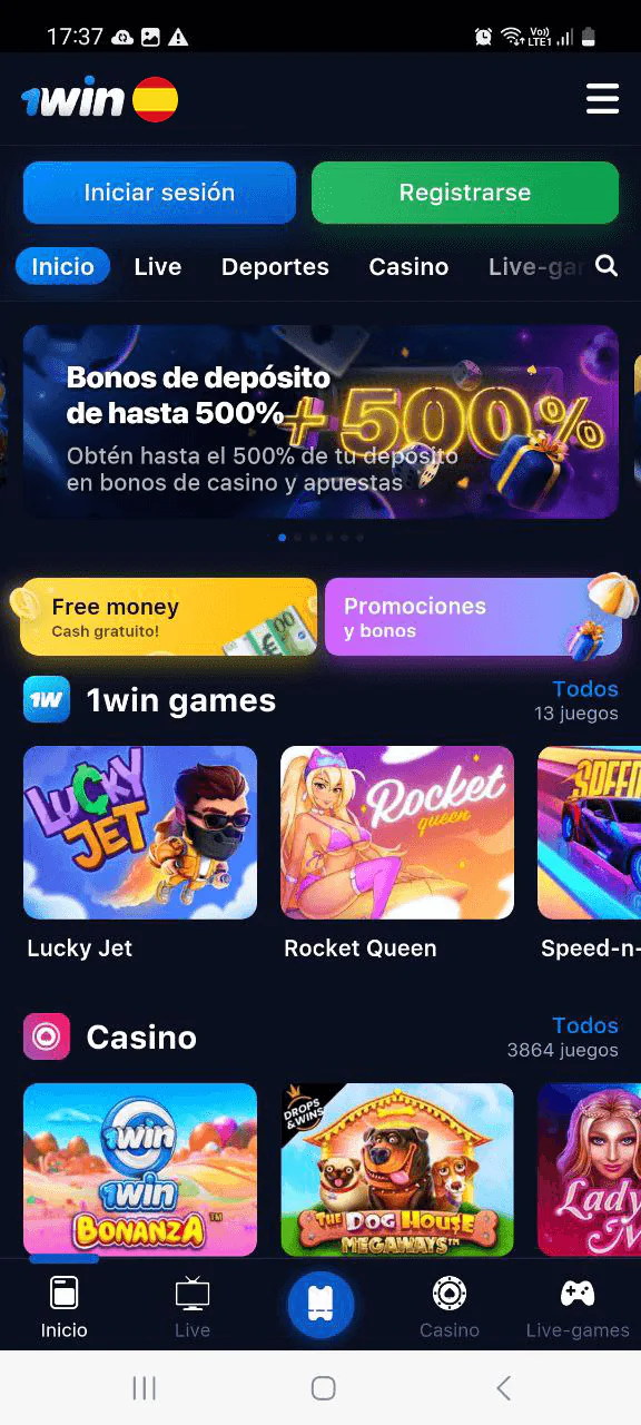 Captura de pantalla de la página principal 1win