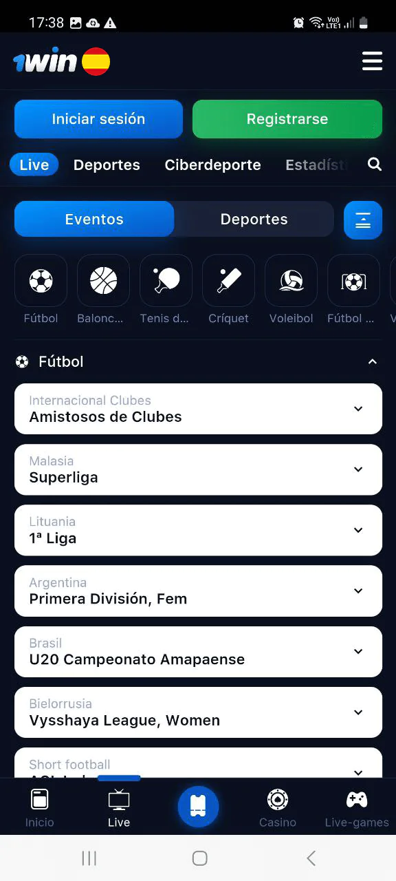 1win captura de pantalla de la página "Deportes"
