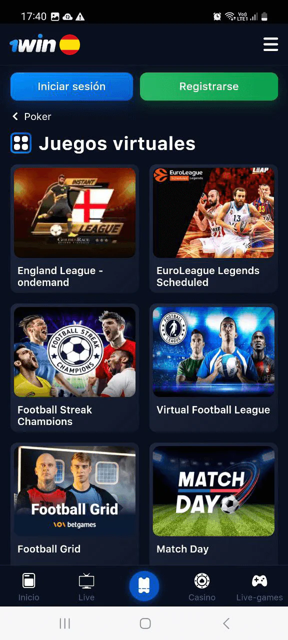 1win captura de pantalla de la página "Juegos virtuales"