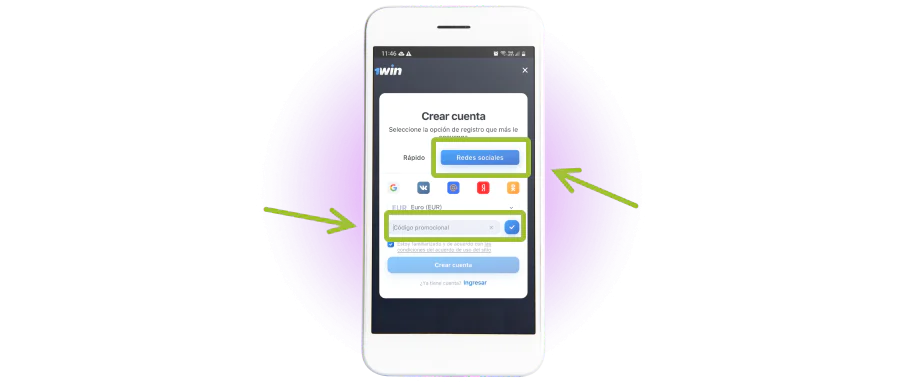 1win registro a través de redes sociales